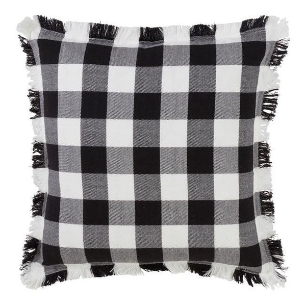 Saro Lifestyle SARO 9026P.BK20S 20 in. Square Fringed Buffalo Plaid Design Cotton Throw Pillow with Down Filling - Black 9026P.BK20S